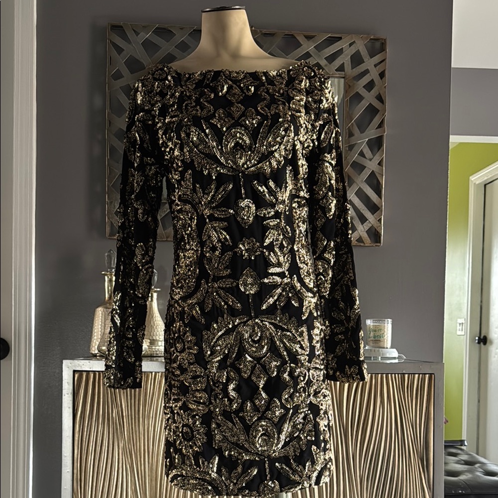 Nicole Miller Elegant Black and Gold Embellished Dress - Picture 2 of 10